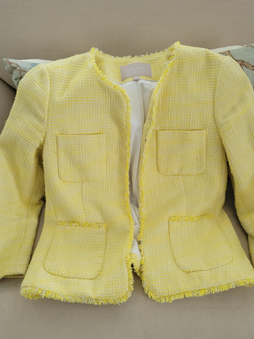 Banana Republic Summer Yellow Tweed Frayed-Edge Blazer